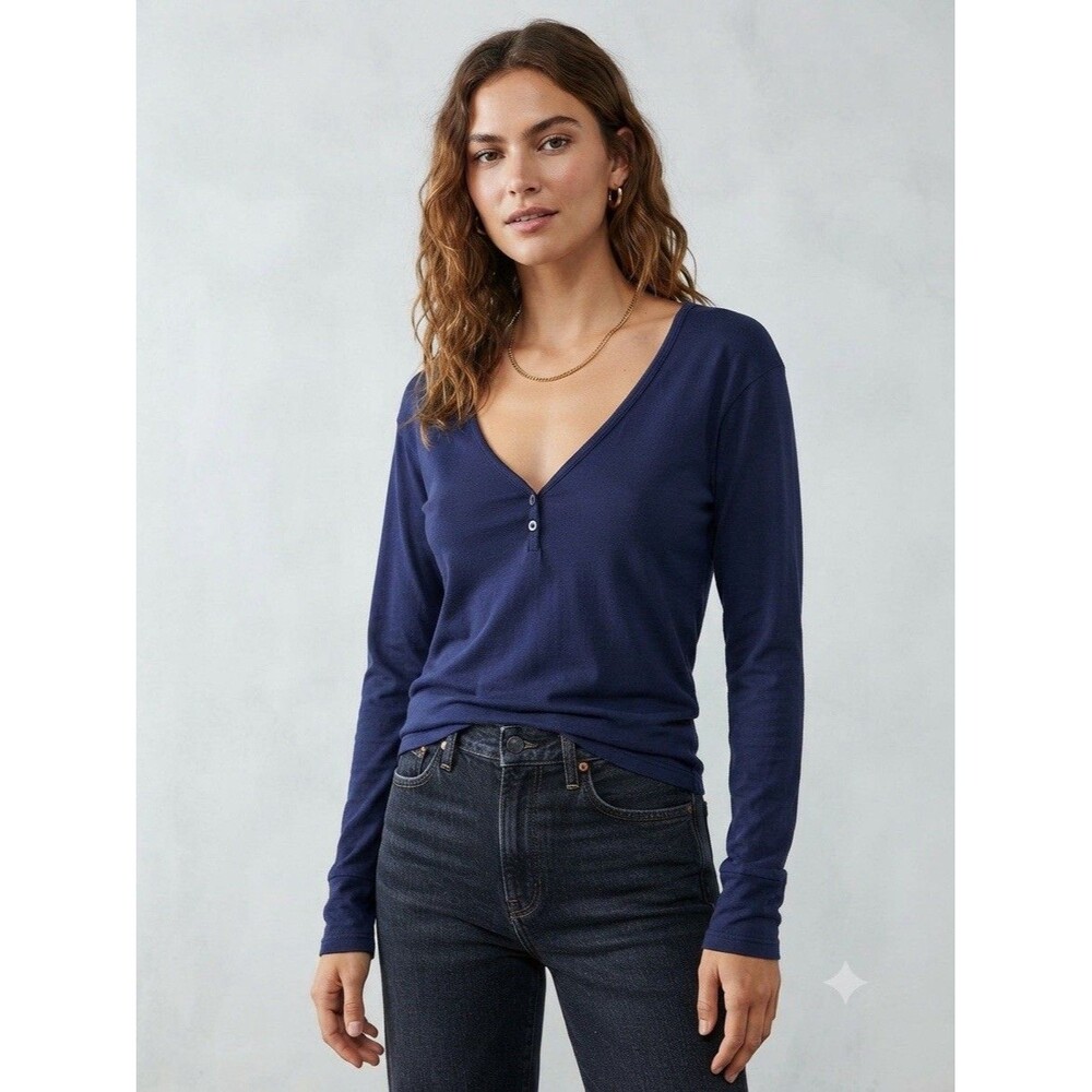 Free People Navy Blue Henley Top Long Sleeve Size One Size Cotton Basic Tee